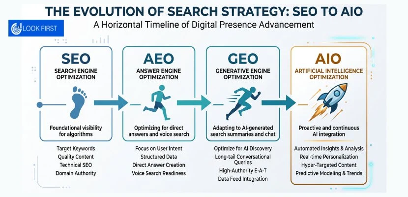 What Is AIO And Why London Businesses Need It In 2026 5 aio, geo, aeo, seo comparison infographic